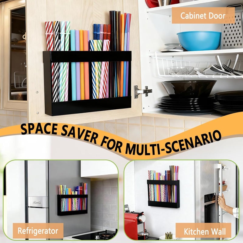 NTIERA 9.5" Large Acrylic Straw Holder for Cabinet Door-Reusable Tumbler Straw Organizer Storage,Small Kitchen Organizers and Storage Accessories Container, Ultra Sticky Cupboard Door Mounted(Black) - Image 5